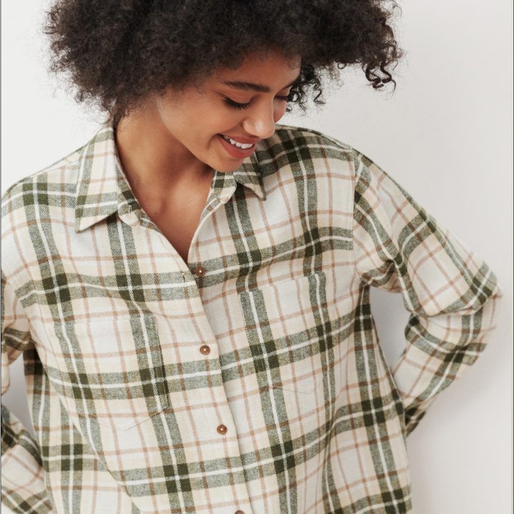 Jenni Kayne O'Keeffe Wool-Blend Shirt Overshirt Shaket Size XS Oatmeal Plaid - Picture 2 of 9